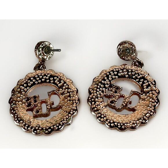 GUESS Women Rose Gold Tone Round Crystals LOGO Design Earrings- Dangle Drop Pair - Picture 2 of 8